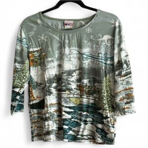 American sweetheart green multi color Victorian winter scene 3/4 sleeve shirt